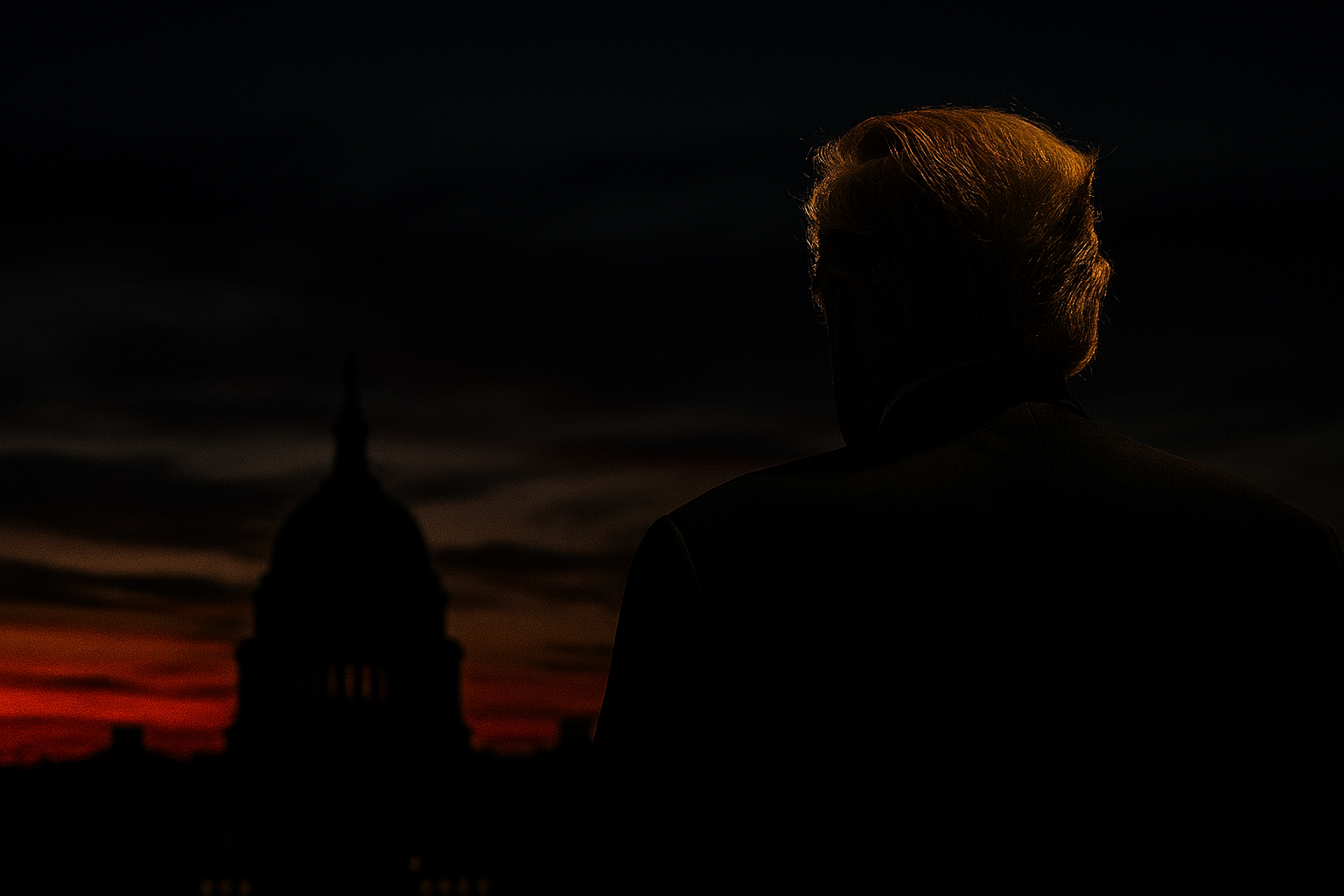 Silhouette of Trump facing Capitol at twilight