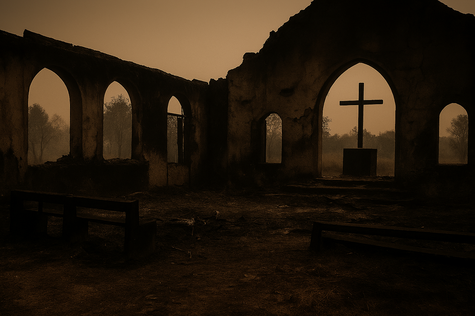 Burned church ruins with cross, Nigeria, November 2025