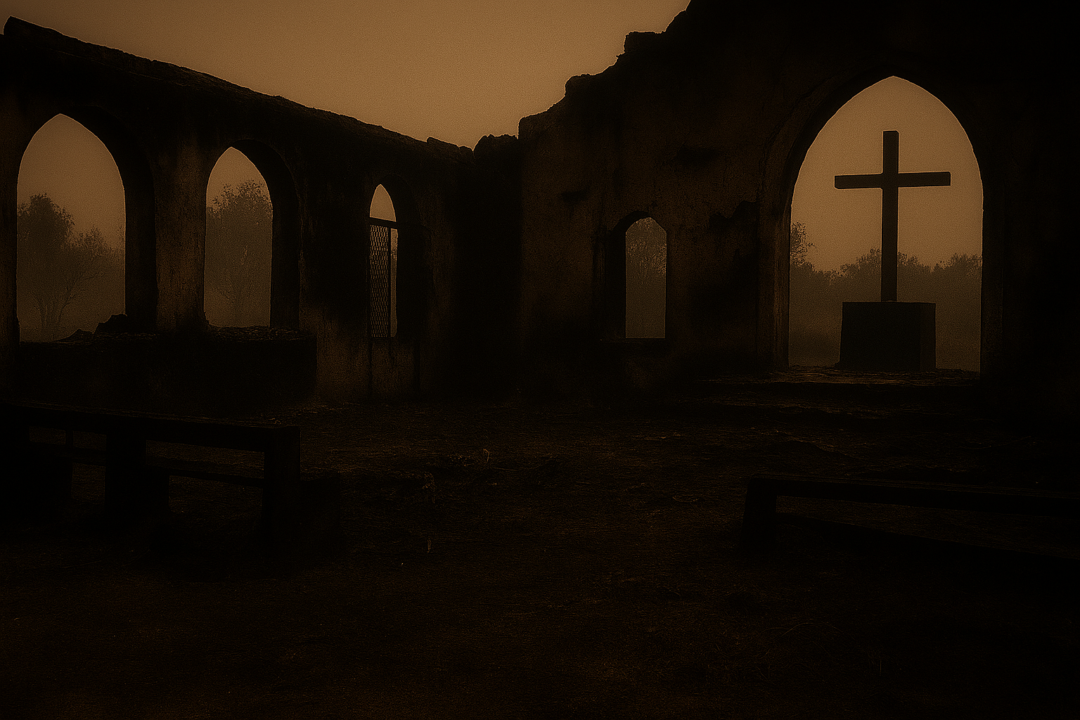 Burned church ruins with cross, Nigeria, November 2025